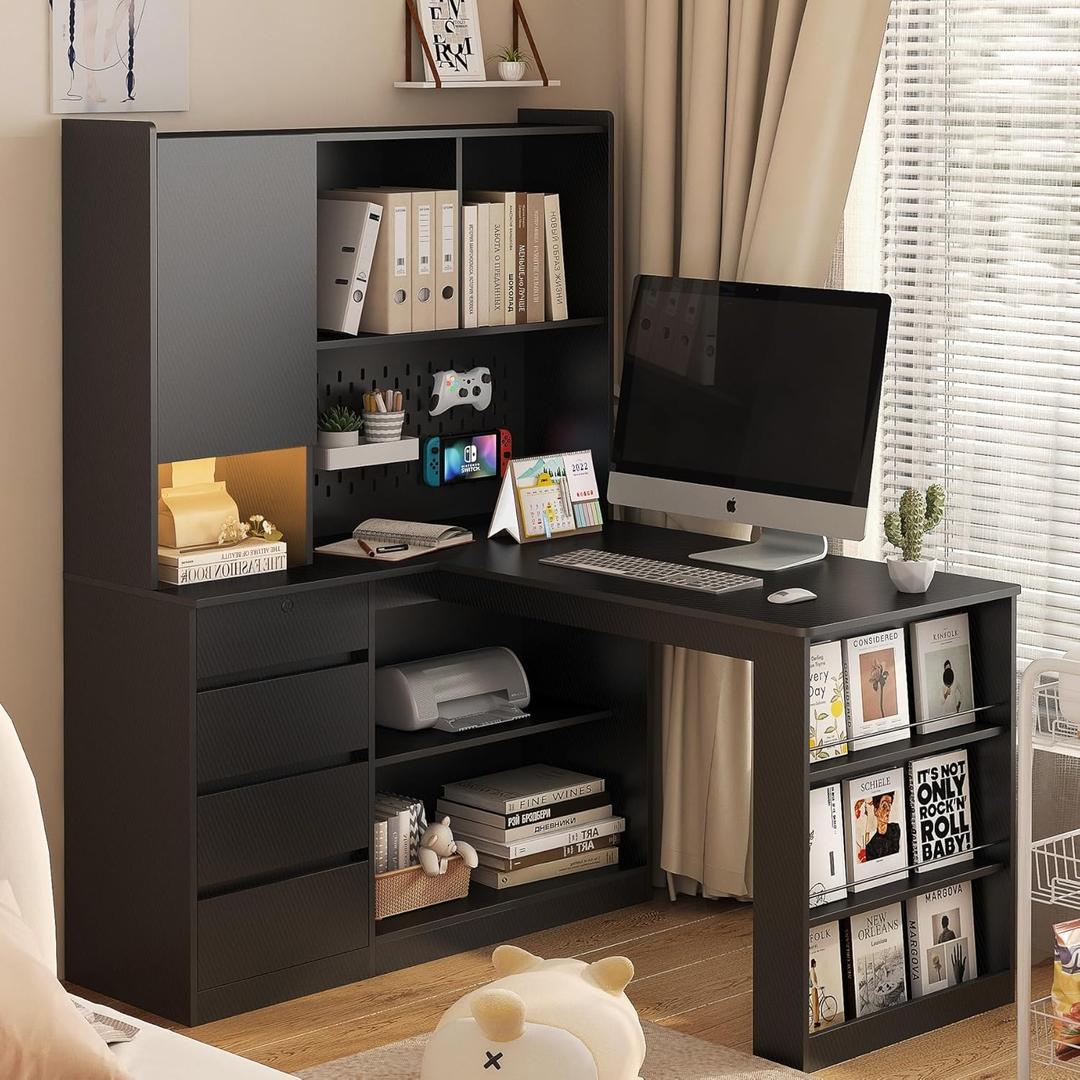 KEIKI L Shaped Home Office Desks with LED Light, Pegboard, Hutch, Drawers, Bookshelf & Storage Shelves, Modern Wooden Gaming Computer Corner Table for Work, Study, Writing