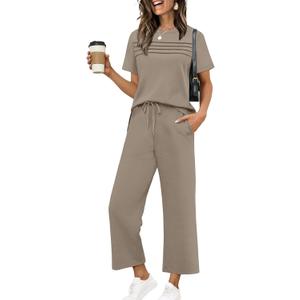 WIHOLL Two Piece Sets for Women Summer Spring Travel Vacation Outfits Short Sleeve Lounge Sets Side Slit Wide Leg Pants S