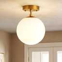 Majade Semi Flush Mount Ceiling Light 6" Globe Mid Century Modern Light Fixture Milk Glass with Gold Brass Finish Light Fixtures for Hallway Entryway Kitchen Island Closet Laundry Bathroom(2 Pack)