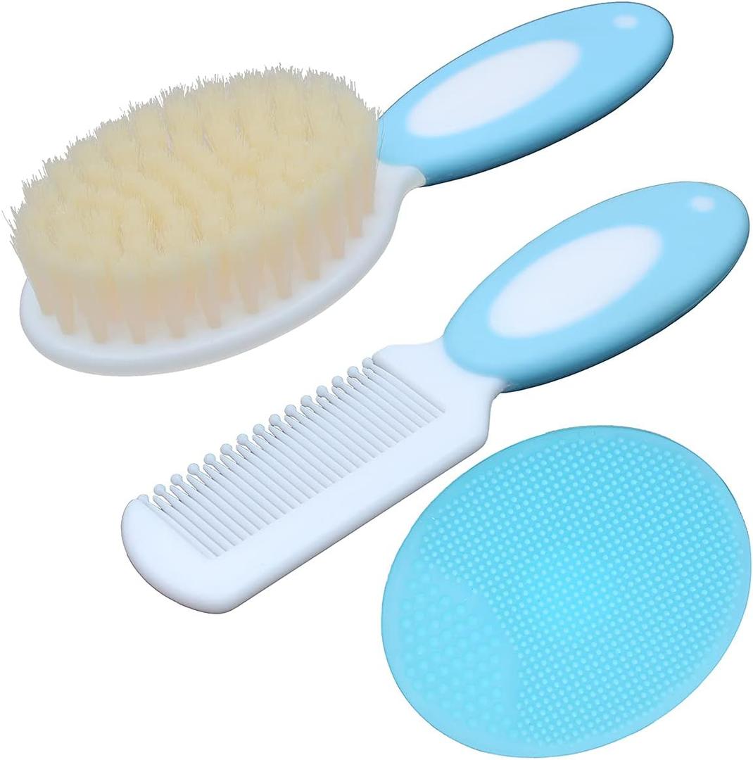 Baby Hair Brush &Silicone Baby Cradle Cap Brush Set, for Newborns & Toddlers-Natural Soft Goat Bristles-Ideal for Cradle Cap-Perfect Baby Registry Gift (Blue)