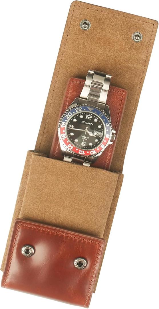 Leather Watch Pouch - Portable Travel Pouch with Suede Lining and Leather Inserts, Single Watch Case for Lovers Gift (Brown)