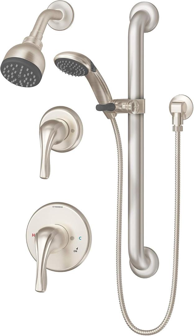 Symmons 9605-PLR-1.5-TRM-STN Origins 2-Handle 1-Spray Shower Trim with 1-Spray Hand Shower in Satin Nickel (Valves Not Included)