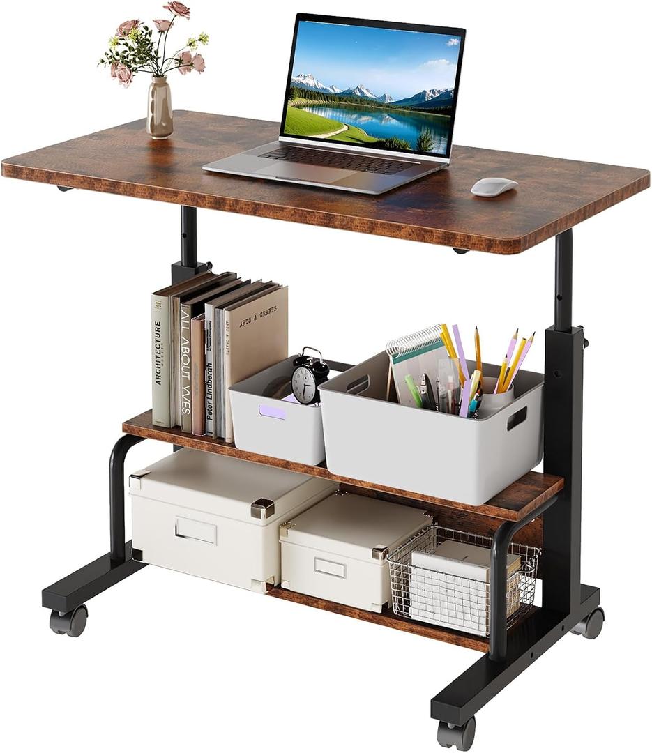 OLIXIS Rolling Desk, Storage Shelves, Laptop Table, Home Office, 32 in