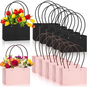 DEAYOU 12 Pack Kraft Paper Flower Gift Bags, Bouquet Bag Box with Handle, Small Paper Carrier Tote Bags with Waterproof Lining for Floral Arrangement, Party Favor, Packaging, Ultra Thick, Black, Pink