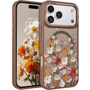 DOMAVER for iPhone 17 Pro Max Case, Magnetic Phone Case for iPhone 17 Pro Max [Compatible with MagSafe] Slim Fit Flowers Floral Design Shockproof Protective Bumper Women Girls Cover, Spring-Brown