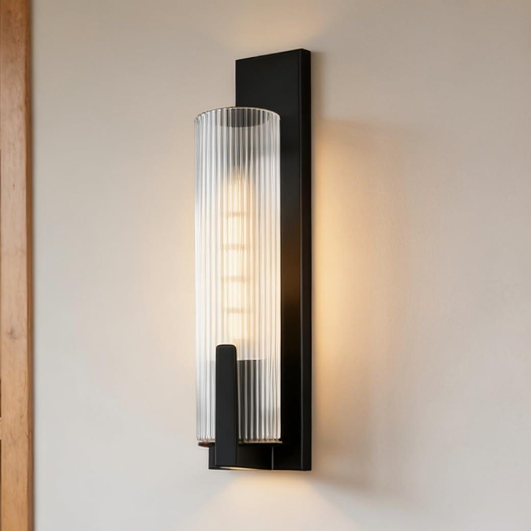 Clear Ribbed Glass Iron Forge Sconce, Long Shape with Metal Black Plate Wall Light, Vanity Light for Bathroom, Living Room, Bedroom, 3.25" W x 4.75" D x 19.75" H (Black)