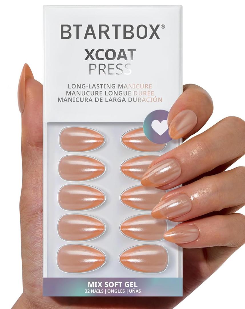 BTArtbox Press On Nails Short - Sunlit Grace, Lamp-Curable Orange Chrome French Tip Almond Press On Nails with Glue and Adhesive Tabs for Women in 16 Sizes - 32 Nails All-in-One Kit