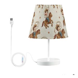 3-Color Dimmable LED Bedside Table Lamp,Cowboy Riding on Horseback Linen Nightstand Light by USB Port,12" High Desk Decor for Living Room Nursery Bedroom Office Cafe