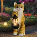 Solar Powered Outdoor Cat Garden Statue, Crafted Garden Sculptures & Statues for Patio, Yard, Lawn, Gardening Gifts for Women and Mom(11" Cat) (Tabby)