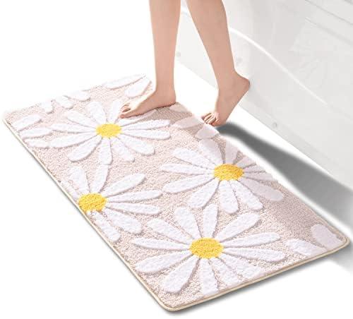 QJHOMO Beige Bathroom Rugs Cute Daisy Bath Mat White and Yellow Flower Decor Rug Non Slip Floor Carpet Microfiber Bathmat Super Absorbent Machine Washable Bathtub Mats for Shower (24x48 inch)