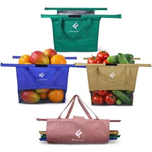 Shopping Cart Bags for Groceries, 4-Pack Collapsible Reusable Grocery Cart Bags with Sturdy Carry Handles + 1 Insulated Bag, Foldable Cart Organizer for Supermarket & Farmers Market