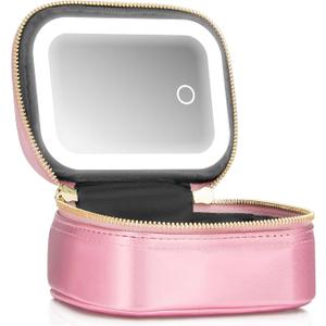 Mini Makeup Bag with Led Mirror,Small Travel Make up Bag 3 Light Modes Adjustable Brightness, for Women Organizer Cosmetic Bag, Portable Travel Train Toiletry Bag, for Pool Parties Work Touch-Ups (Roses)