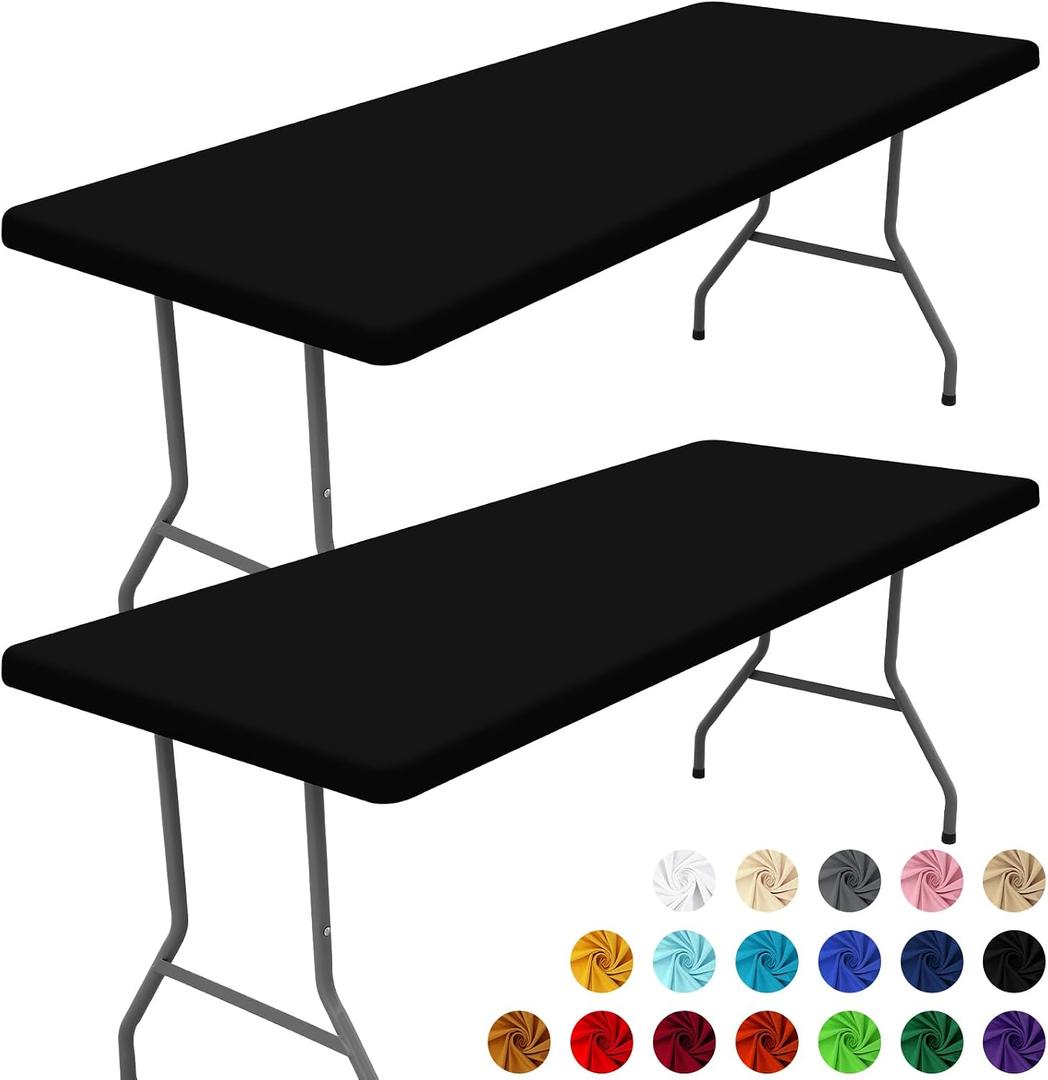 Moosfor Spandex 8 Foot Rectangle Table Cloth 2 Pack, Elastic Fitted Tablecloths for Picnic, Stretch Washable Patio Table Cover for Outdoor, Camping, Banquet and Parties (Black, 30"x96")