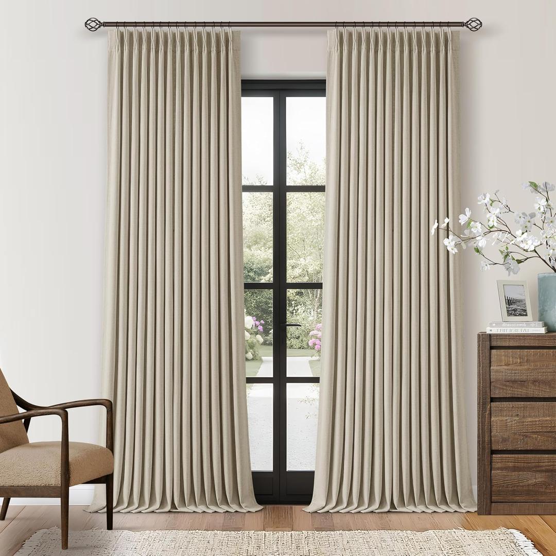 105 Inch Blackout Pleated Curtains for Bedroom Living Room Darkening Linen Textured Pinch Pleat 100% Black Out Thermal Insulated Window Drapes Double Layer Soundproof Curtains 2 Panels Oatmeal Beige, 40"W x 105"L