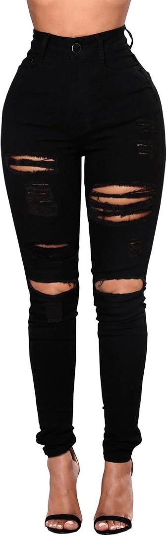 Ripped Skinny Jeans for Women High Waisted Stretch Slim Fit Distressed Butt Lifting Denim Jeans Pants (Large, Black)