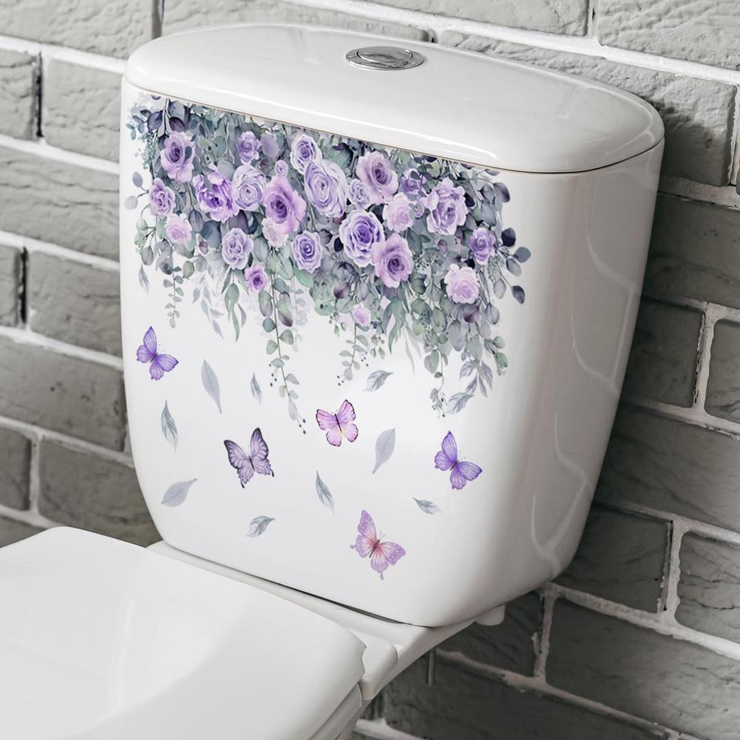 Waterproof Toilet Decals - Botanical Floral Design with Purple Roses and Butterflies, Self-Adhesive Removable Vinyl Stickers for Bathroom Decor, Rental Home Upgrade (3.5x3.5 Inch)