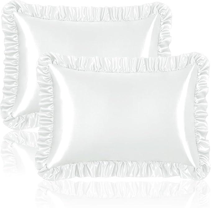 Homiest Ruffle Satin Pillowcase for Hair and Skin, King Size Satin Pillow Covers Silky Pillow Cases Set of 2, Satin Ruffled Pillowcase with Envelope Closure, Anti Wrinkle Pillow Shams (White) (King - 20 x 36 Inch)