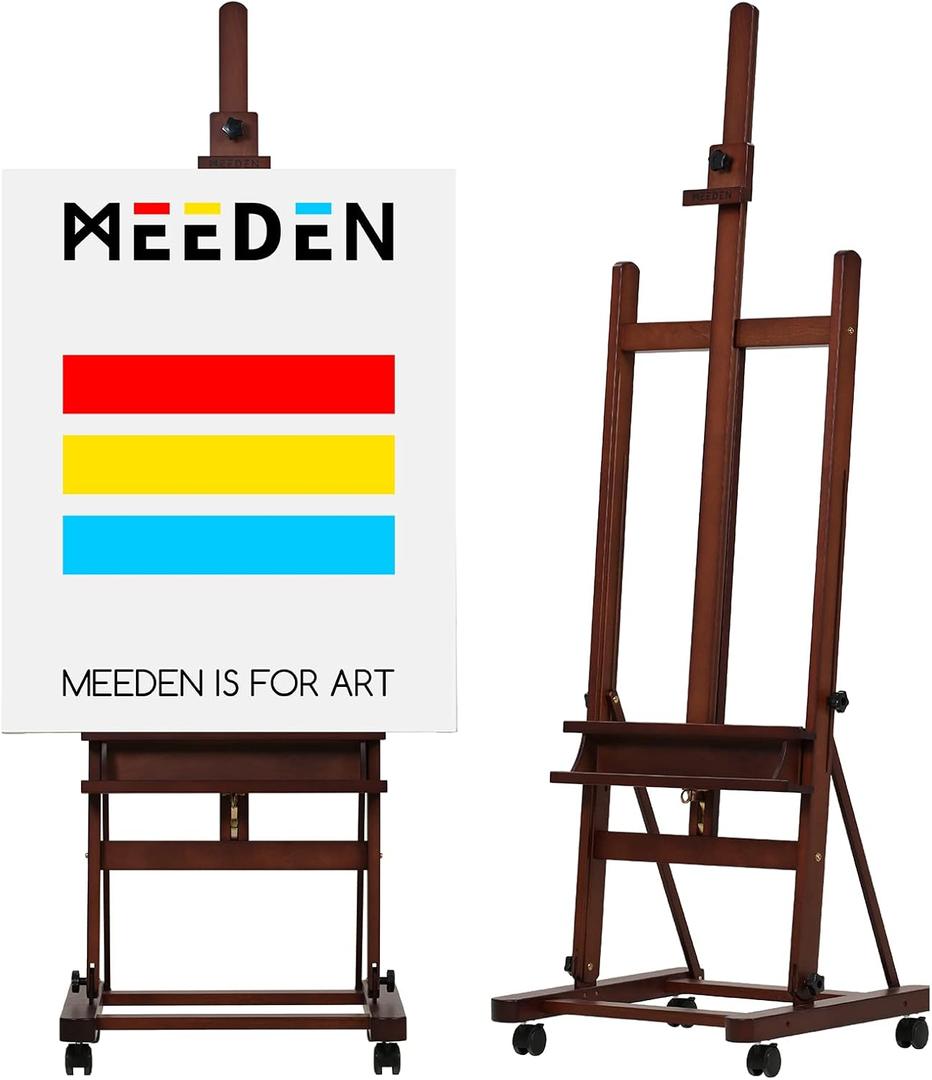 MEEDEN Large Studio Artist Easel, Holds Max Canvas 48", Solid Beech Wood H-Frame Easel with Large Storage Tray, Adjustable Art Painting Easel Stand with Wheels for Beginners & Artists, Walnut
