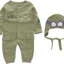 LXKIKMM Toddler Baby Boys Pilot Jumpsuit Set Toddler Outfits with Cap and Scoks (Green)