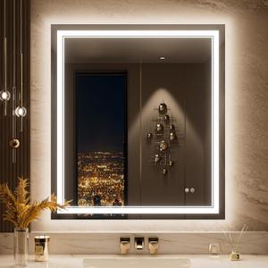 Keonjinn 32" x 36" LED Bathroom Mirror, Frontlit & Backlit Bathroom Mirror with Lights, 3 Color Lights, Dimmable, Defogging, Tempered Glass, Smart Memory Function, Light Up Mirror for Wall