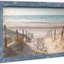 Framed Beach Road Wall Art: Large Modern Coastal Sea Level Painting Rustic Blue Ocean Wood Artwork Calming Seascape Nature Picture Contemporary Sandy Seaside Prints for Bedroom Bathroom Living Room (45L" x 30W", Beige)