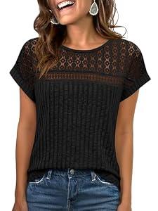 ANRABESS Wemens Tops Summer Sweaters Shirts Short Sleeve Lace T-Shirts Dressy Casual Business Tee Blouses 2026 Trendy Clothes Black XX-Large