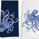 Navy Blue Octopus Coastal Beach Kitchen Towels, Octopus Lover Gifts Decorative Hand Towels for Bathroom, Nautical Ocean Animal Dish Tea Towel for Kitchen Decor, 16x24 Inch Set of 2