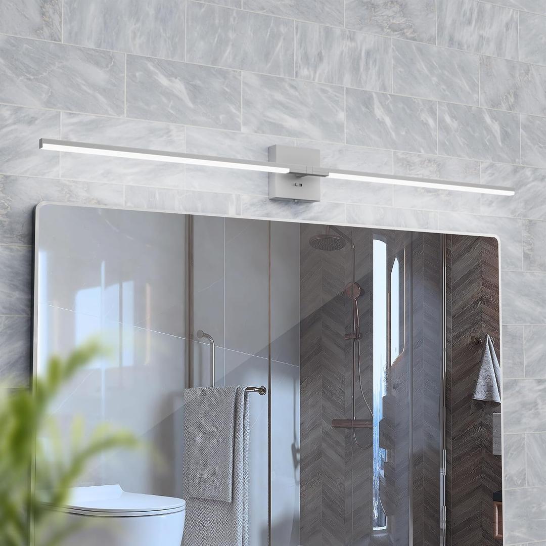 Matte Silver Vanity Lights 48 inch, 4-Level Brightness Built-in Dimmer, 28W Dimmable 5CCT Bathroom Light Fixtures Over Mirror, Vanity Lights for Bathroom Mirror Cabinets Bedroom-FCC ETL