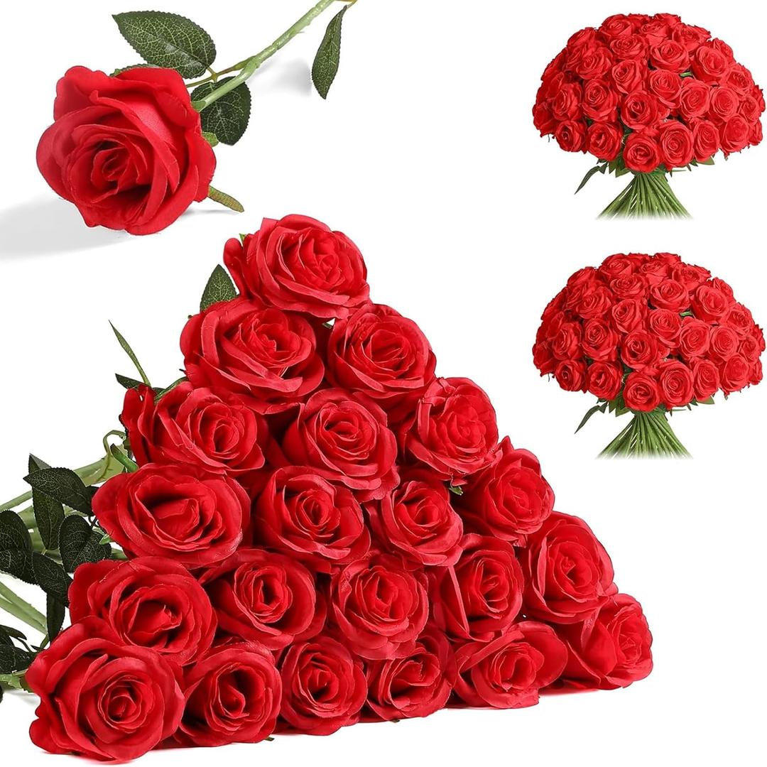 Nubry 24pcs Artificial Red Roses, Fake Silk Roses Flower with Long Stems, Realistic Flowers for Bridal Wedding Party Table Centerpiece Home Decor