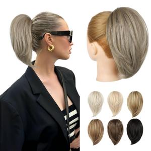 NTYNTY Ponytail Extension - 10" Short Claw Clip in Ponytail Hair Extensions Messy Bun Hair Piece Natural Soft Synthetic Straight Pony Tail Hair Pieces for Women - Ash Brown with Highlights