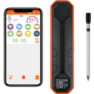 Wireless Meat Thermometer Digital Cooking Thermometer with Wireless Probe 500Ft Remote Range Food Thermometer with iOS & Android Read App -Preprogrammed Temperatures for BBQ, Oven, Grill