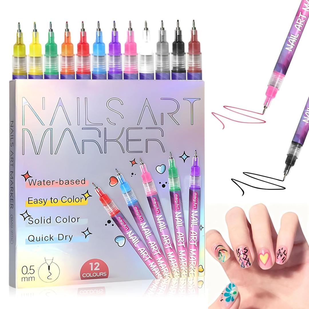 12 Color Nail Art Pens Set, 3D Quick-Dry 0.5MM Nail Polish Pens, Nail Art Painted Pen Kit, DIY Nail Art Marker Graffiti Dotting Pen, for Nails Art Design Manicure Nail DIY Decoration (A)