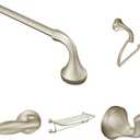 Bundle of Moen Eva Brushed Nickel 18" Wall-Mounted Single-Towel Bar, YB2818BN, Robe Hook, YB2803BN, Single Post Toilet Paper Holder, YB2808BN, 26" Wide Towel Shelf, YB2894BN, and Tank Lever, YB2801BN