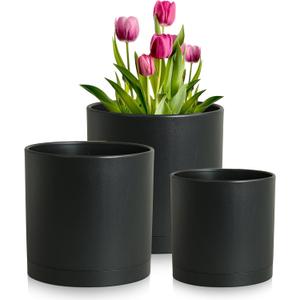Meowell 8/7/6 inch Plant Pots, 3 Set Cylinder Flower Pots for Outdoor Indoor Plants, Decorative Plastic Planters with Drainage Holes and Saucers for Garden House Plants, Black