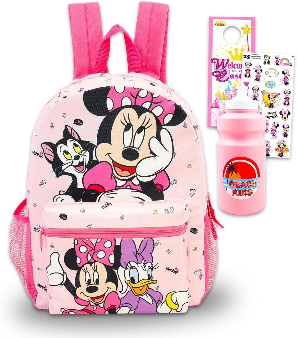 Disney Minnie Mouse Backpack for Girls - Bundle with 16 School Backpack Plus Water Bottle, Stickers, More | Minnie Mouse School Bag for Kids