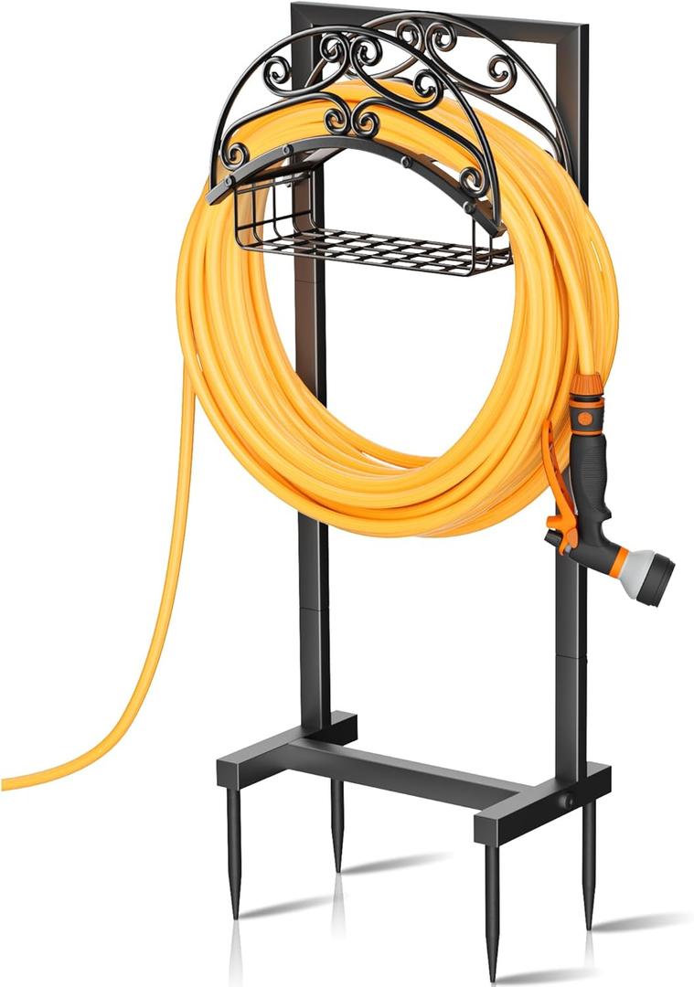 Gayuteay Garden Hose Holder Water Hose Reel Stand with Storage Basket Holds 151ft, Heavy Duty Freestanding Garden Hanger Storage Rack for Outside Yard Lawn Farm