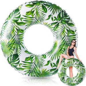 Jumbo Swimming Ring Pool Float 47.24 Inch Inflatable Float Tube Tropical Leaves Pool Tube Green Leaves Inflatable Tube Pool Rings for Adults Summer Beach Tropical Party Supply