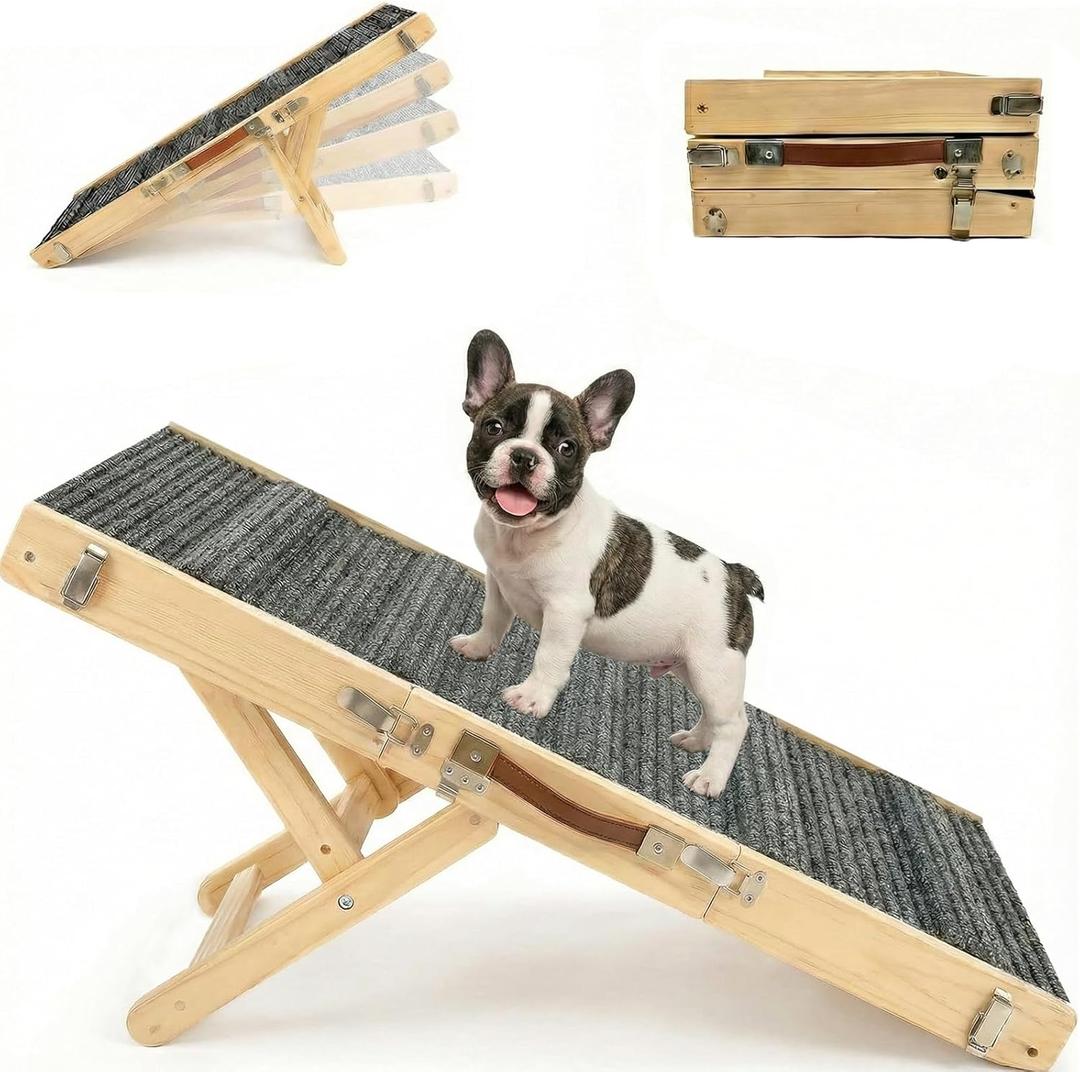 Wooden Dog Ramp for Couch, Foldable Small Dog Ramp for Bed Sofa, 4 Adjustable Height Pet Ramp from 13" to 21", Portable Stable Pet Steps with Non-Slip Pad, Puppy Ramps Use for Couch Sofa Bed
