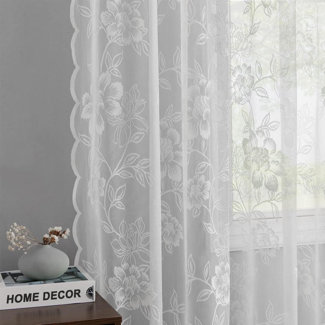 FINECITY White Lace Curtains 84 Inch Length for Bedroom, Vintage Embroidered Leaf Floral Privacy Sheer Lace Curtains 2 Panels Set, Rod Pocket Scalloped Lace Window Treament Panels, 52 x 84 Inch, White