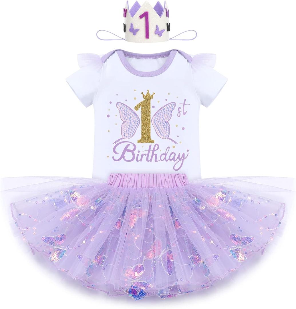 IBTOM CASTLE Baby Girl 1st Birthday Cake Smash Outfit Sequin Butterfly Romper Princess Tutu Dress Headband Photoshoot Clothes (1T)
