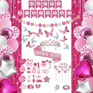 Pink Birthday Decorations, Party Decorations for Girl - Banner, Balloon Party Kit, Tiara, Sash, Fringe Curtain, Circle Dot Garland, Butterfly Decorations, Photo Props