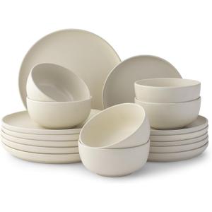 JoyJolt Mesa Stoneware Dinnerware Set, 18-Piece Plates and Bowls Sets, Includes Dinner - Salad and Cereal and Soup Bowls, Modern Farmhouse Matte (Linen) White Dish Set for 6