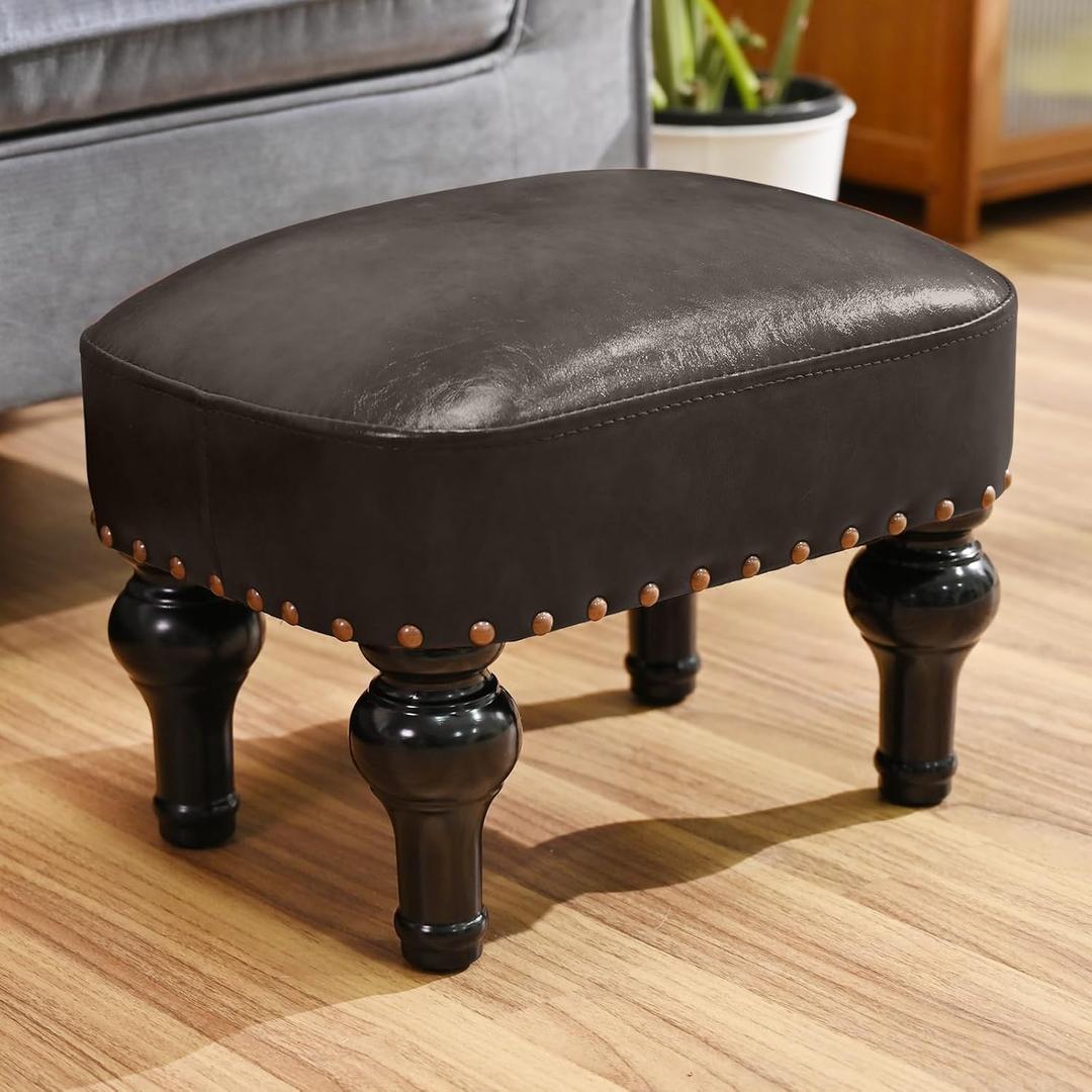 Leather Ottoman Footrest, Rustic Foot Stools Seat, Wood Footstool Rectangle Footrest Small Ottoman for Bedroom, Living Room, Office, Entrance Hall (DEEP Brown)