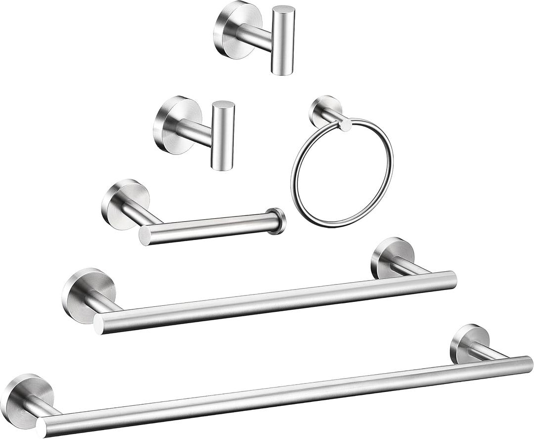 6 Pieces Brushed Nickel Bathroom Hardware Accessories Set Hand Towel Ring 16&23.6 inch Round Towel Bar Silver Toilet Paper Holder Towel Hooks 2 Pieces SUS 304 Stainless Steel,Heavy Duty,Wall Mounted