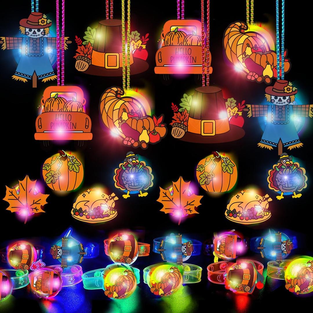 24Pcs Thanksgiving Party Favors Bulk, 8 Rings, 8 Necklaces, 8 Bracelets, Glow in The Dark Thanksgiving Party Supplies, Pumpkin Exchange Gift Set Goodie Bag Fillers