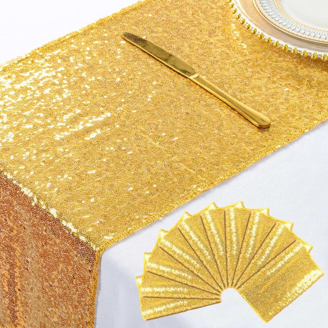 ShinyBeauty 10 Pieces-12 x108 Gold-Sequin-Table-Runners Wedding Party Catering Event Gold Table Runner Gold Christmas Decoration Glitter Fabric Sequin Table Runner Holiday Table Runners 108 Inches