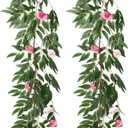 RECUTMS Artificial Hanging Willow Leaves Vine Twigs Whit Roses Flower 2Pc 5.7Ft Faux Ivy Plant Silk Green Leaf Rose Floral Garland Greenery Indoor Outdoor Wedding Jungle Birthday Party Garden Decor