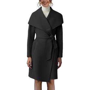 Cicy Bell Women's Pea Trench Coat Lapel Collar Long Jacket Open Front Belted Overcoat with Pockets (Medium, Black)