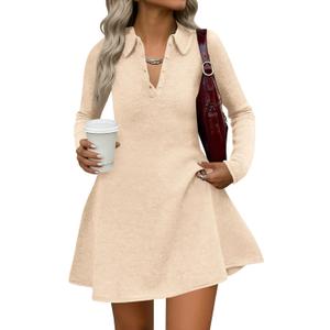 Saodimallsu Womens Sweater Dress 2026 Fall Polo Collared Long Sleeve Button V Neck A line Preppy Knit Dresses (L)