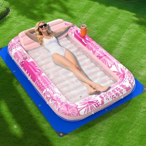Inflatable Tanning Pool Lounger Float with Protection Tarp, 70" x 46" Pool Floats Adult with Pillow, 6 in 1 Suntan Tub Raft Floatie, Sunbathing Water Bed Lounge Blow Up Kids Ball Pit Party Gifts-Pink, Large